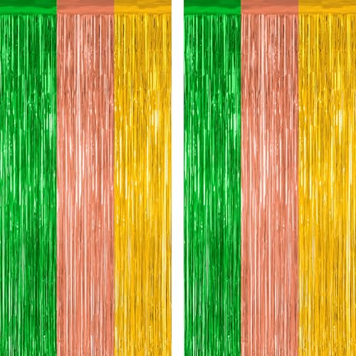 ZATAYE 2 Pack Green Brown Yellow Hawaiian Luau Foil Curtain Decorations | Green Brown Yellow, Metallic Foil, 3.28 x 7.05 FT, Tinsel Backdrop, Foil Curtain Streamer, Luau Party - color: Hawaii Color, size: 2 PCS