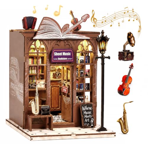 Book Nook Kit DIY Miniature House with LED Lights & Music Box, 3D Wooden Puzzle Bookshelf Insert for Adults, Double Door Mini Dollhouse Building Kit, Creative Home Decor Gift for Women & Men - style: Sheet Music Shop