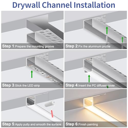 Plaster-in LED Aluminum Channel, 3.3FT/1M 6 Pack LED Light Strip Diffuser Channel with Milky Diffuser, Trimless Recessed Single-Sided Drywall Aluminum LED Profile for Ceiling and Wall - size: Single-Sided-6 Pack