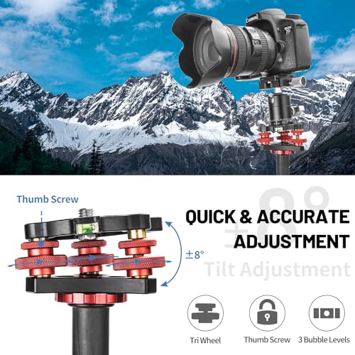 Tripod Leveling Base Camera Leveler, Aircraft Grade Aluminum Alloy 3 Axis Tri Wheel Head, 3/8” Thread, with +/-5 Degree Precision Adjustment for DSLR Camera Rotator Panoramic Head LP-64