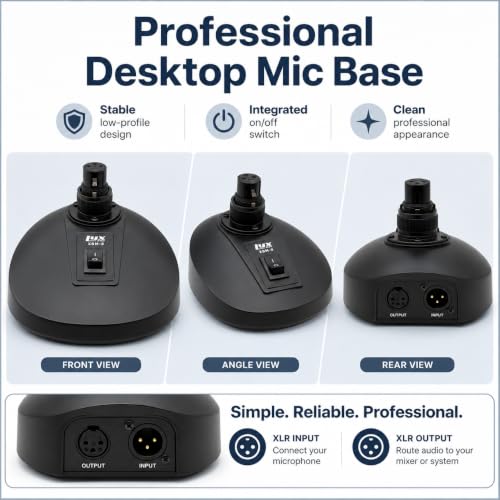 LyxPro XBM-8 XLR Gooseneck Microphone Desktop Base with On Off Switch | Designed to hold compatible podium-style microphones securely on flat surfaces for speaking, meetings and announcements
