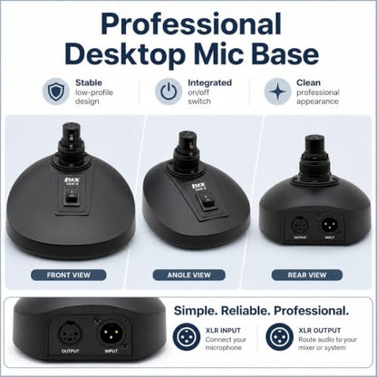 LyxPro XBM-8 XLR Gooseneck Microphone Desktop Base with On Off Switch | Designed to hold compatible podium-style microphones securely on flat surfaces for speaking, meetings and announcements