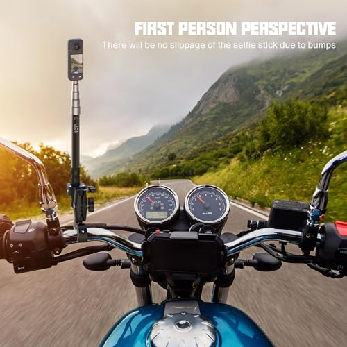 Taisioner Aluminum Alloy Motorcycle Handlebar Mount Double Clamp Locking Anti-Fall, 47" Invisible Selfie Stick for Insta360 X5/X4/X3/X2/ONE RS/GO 2/3 Hero 13-7 DJI Camera