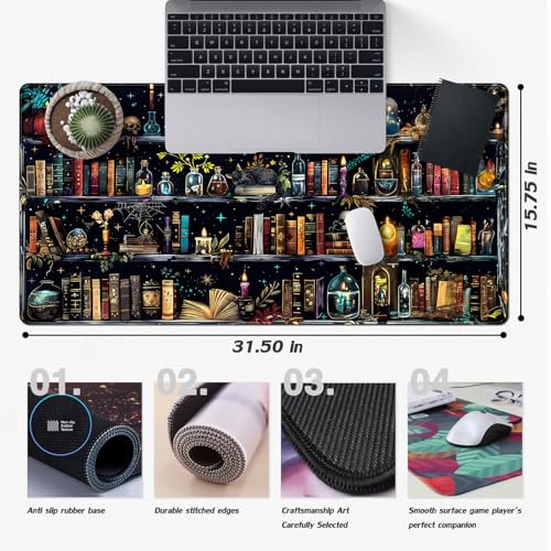 Bookshelf Desk Mat Black Library Aesthetic Desk Pad Large Gaming Mouse Pad 31.5x15.7 in Bookcase XXL Extended Mousepad Book Keyboard Mouse Mat for Work Game Office Home - color: Bookshelf Black