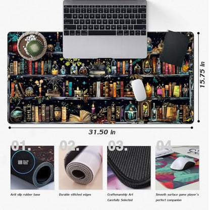 Bookshelf Desk Mat Black Library Aesthetic Desk Pad Large Gaming Mouse Pad 31.5x15.7 in Bookcase XXL Extended Mousepad Book Keyboard Mouse Mat for Work Game Office Home - color: Bookshelf Black