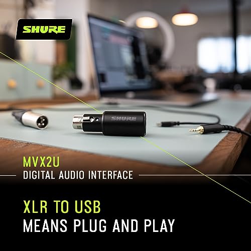 Shure MVX2U XLR-to-USB Digital Audio Interface, Headphone Jack, 60dB Gain, Zero-Latency Monitoring, 48V Phantom Power, ShurePlus App, USB-C Cable