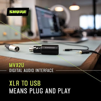 Shure MVX2U XLR-to-USB Digital Audio Interface, Headphone Jack, 60dB Gain, Zero-Latency Monitoring, 48V Phantom Power, ShurePlus App, USB-C Cable