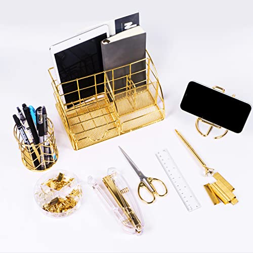 KAAKOW Gold Desk Organizers and Accessories Office Supplies Set Stapler, Pen Holder, Phone Holder, Scissors, Pen, Ruler, 30 Paper Clips, 22 Binder Clip, 20 Tacks and 1000pcs Staples (Gold) - color: Gold