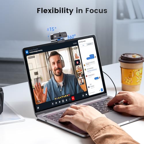 4K Webcam for PC & Mac with USB-C Adapter, 90° Wide-Angle Computer Camera with Microphone, Auto Light Correction, 360° Rotating Plug-and-Play Webcam for Zoom and Teams