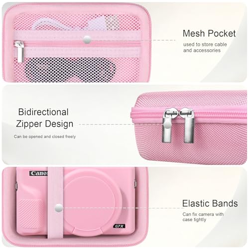 Elonbo Camera Case for Canon PowerShot G7X Mark III Digital Camera, G7X Mark III Hard Carrying Case + Soft Silicone Cover with Removable Lens Cover, Pink - color: Pink