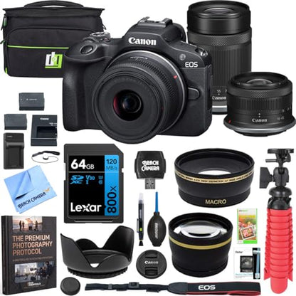 Canon EOS R100 Mirrorless Camera Body with 2 Lens Kit RF-S 18-45mm is STM and 55-210mm is STM 6052C022 Bundle with Double Battery, Memory Card, Deco Gear Deluxe Case and Mini Tripod & Accessories - color: Obsidian