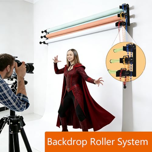 MagicLine Photography Backdrop Wall Mount 3 Roller Support System,Manual Photo Background Holder for Ceiling/Light Stand Mount & 2 Hooks,6 Expand Bars,3 Chains,Backdrop Stand for Home Studio