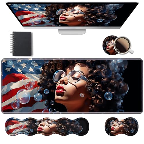 Ergonomic Keyboard Wrist Rest & Mouse Pad Wrist Rest Set, Large XXL Gaming Desk Mat 31.5"x 11.8" with Memory Foam, Easy Typing Pain Relief for Office & Home, African American Girl - color: African American Girl