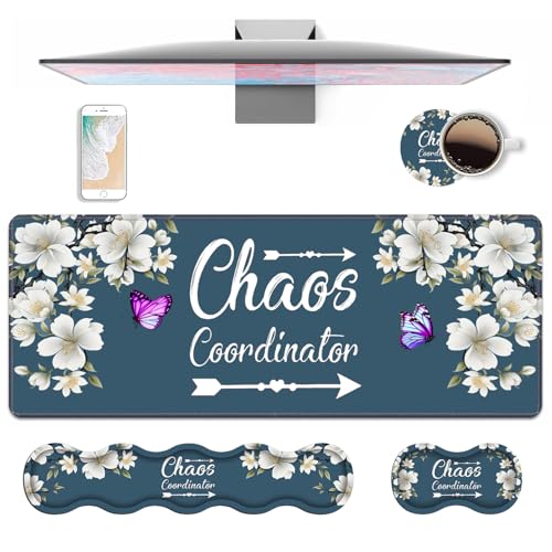 4 in 1 Ergonomic Keyboard Wrist Rest & Mouse Pad Wrist Rest Set, Large XXL Gaming Desk Mat 31.5"x 11.8" with Non-Slip Base, Memory Foam for Home Office Study Gaming, Floral Quote Chaos Coordinator - color: Floral Quote Chaos Coordinator