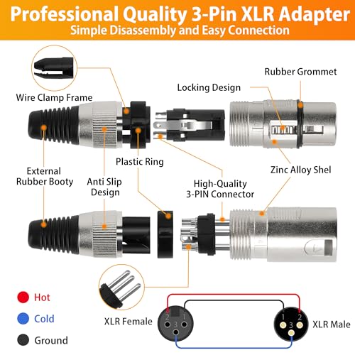 (12 Pack) 3-Pin XLR Cable Connector, Zinc Alloy Shell (6 Male & 6 Female) Solder Type Microphone Line Snake Plug Adapter, Mic Audio Socket for High Conductivity and Ultra-Low Noise - style: 6 Pairs