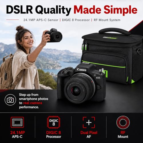 Canon EOS R100 Mirrorless Camera Body with RF-S 18-45mm F4.5-6.3 is STM Lens 6052C012 Bundle with Double Battery, Memory Card, Deco Gear Deluxe Case and Mini Tripod & Accessories - color: Sable