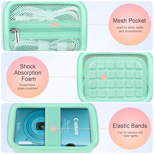 Elonbo Carrying Case for Canon PowerShot ELPH 360 HS A/ 360 HS/ 360/ IXY 650 Digital Camera, Canon PowerShot ELPH 330/190/160/115/130/110 Camera Hard Travel Bag, Mesh Pocket fits Cable, Light Green - color: Light Green