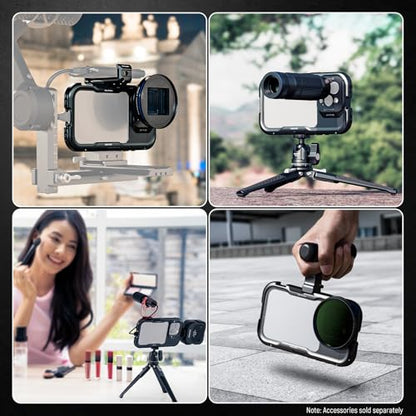NEEWER 16 Pro Cage, Quick Release Video Rig Phone Stabilizer Compatible with iPhone 16 Pro with 67mm Filter Adapter, 17mm Lens Backplate, T Mount Lens Adapter Compatible with Moment, PA073