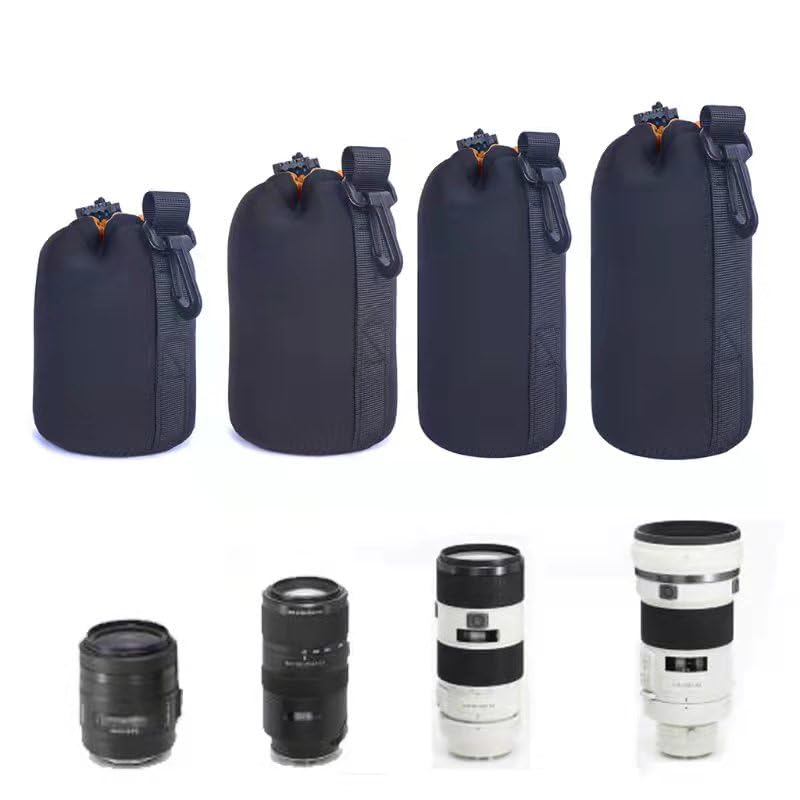 M Size (Medium) Camera Lens Pouch, Thick Protective Neoprene Bag Storage Cover Case with Drawstring Design, Soft Plush Interior, Compatible for Canon, for Nikon, for Sony DSLR Lenses - size: M: 9cm x 14cm (D x H)