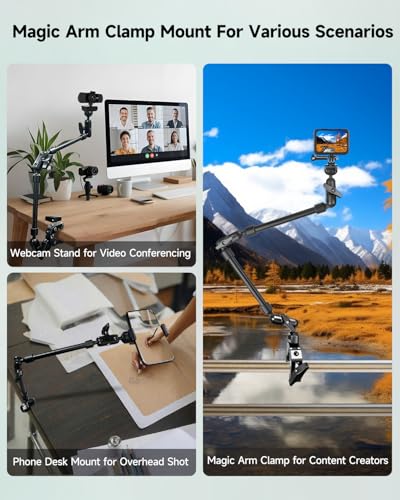 22" Magic Arm w Clamp, Overhead Phone Mount, Desk Camera Mount w Articulating Friction Boom Arm Thread Adapter, for Phone Video Light Webcam Microphone Action Camera Content Creators - size: 22IN-BK