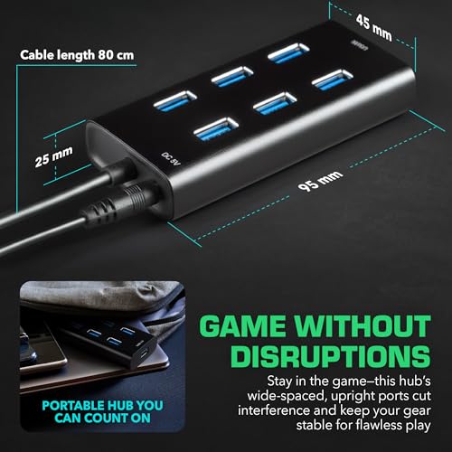 Rebuff Reality 7 Port USB Hub, Dongle USB 3.0 Hub for Wireless Interference Reduction for Gaming, Stable Connection & Lag-Free for Mouse, Keyboard, Headset, Compatible with PC, Mac, Xbox, PlayStation - size: 7-PORT