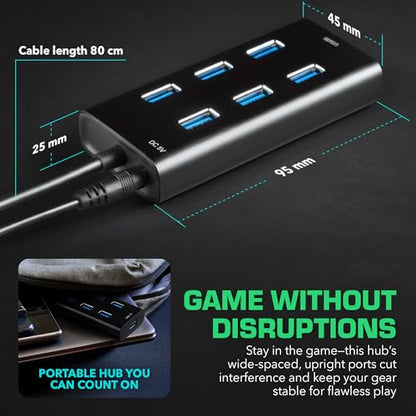 Rebuff Reality 7 Port USB Hub, Dongle USB 3.0 Hub for Wireless Interference Reduction for Gaming, Stable Connection & Lag-Free for Mouse, Keyboard, Headset, Compatible with PC, Mac, Xbox, PlayStation - size: 7-PORT