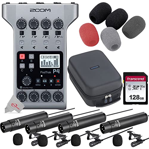 Zoom PodTrak P4 Portable Multitrack Podcast Recorder + Four BY-M4C Cardioid Lavalier Microphone + Accessory Kit