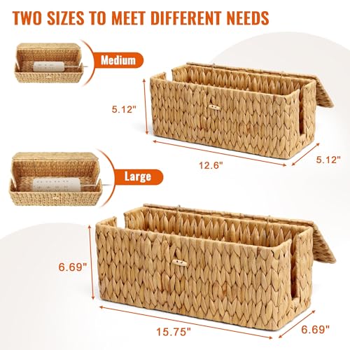 Posprica Cable Management Box with Lid, 2Pack Handwoven Real Water Hyacinth Cord Hider Organizer Boxes, 2 Side Open Slots Storage Box to Hide Cords Power Strip for Desk, Floor, Office
