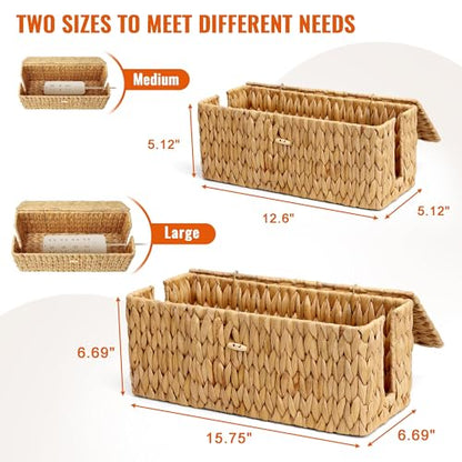 Posprica Cable Management Box with Lid, 2Pack Handwoven Real Water Hyacinth Cord Hider Organizer Boxes, 2 Side Open Slots Storage Box to Hide Cords Power Strip for Desk, Floor, Office