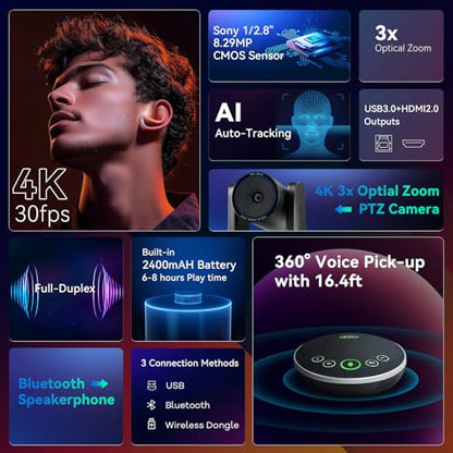 4K Conference Room Camera System AI Auto-Tracking 4K PTZ Camera 3X Optical Zoom 93° Wide Angle USB3.0 HDMI Output and Wireless Bluetooth Speakerphone with Mics for Conferencing Worship Church Medical - color: Jet