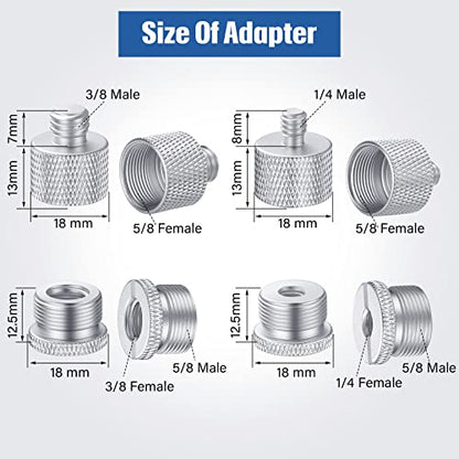 Moxweyeni 8 Pcs Mic Stand Adapter 5/8 Female to 3/8 Male, 3/8 Female to 5/8 Male, 5/8 to 1/4 and 1/4 to 5/8 Screw Mic Thread Adapter Set for Microphone(Silver) - color: Silver