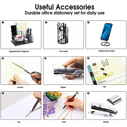 KAAKOW Black Desk Organizers and Accessories Office Supplies Set Stapler, Pen Holder, Phone Holder, Scissors, Pen, Ruler, 30 Paper Clips, 22 Binder Clip, 20 Tacks and 1000pcs Staples - color: Black