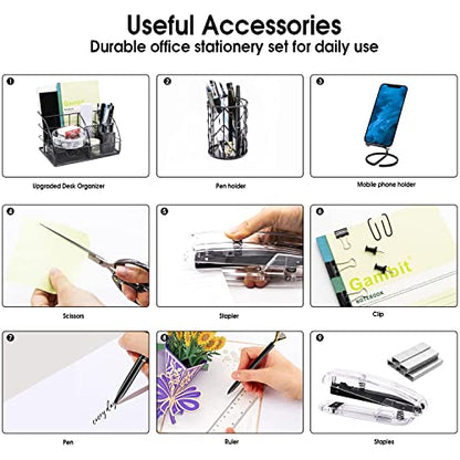 KAAKOW Black Desk Organizers and Accessories Office Supplies Set Stapler, Pen Holder, Phone Holder, Scissors, Pen, Ruler, 30 Paper Clips, 22 Binder Clip, 20 Tacks and 1000pcs Staples - color: Black