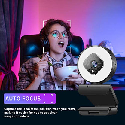 1080P Webcam for PC with Ring Light and Dual Microphone, Auto-Focus Webcam for Streaming, Adjustable Brightness Web Cam, USB Webcam for Zoom Skype| YouTube | PC | Mac| Laptop Desktop