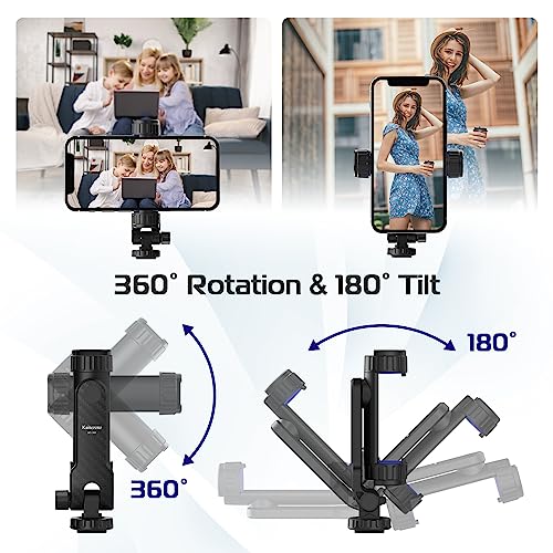 Kaitezenz Cell Phone Tripod Mount, Universal Tripod Phone Mount with 2 Cold Shoes, 360° Rotates 180° Tilts Camera Hot Shoe Phone Mount Smartphone Tripod Holder Adapter for iPhone Samsung All Phone