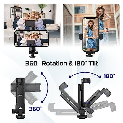 Kaitezenz Cell Phone Tripod Mount, Universal Tripod Phone Mount with 2 Cold Shoes, 360° Rotates 180° Tilts Camera Hot Shoe Phone Mount Smartphone Tripod Holder Adapter for iPhone Samsung All Phone
