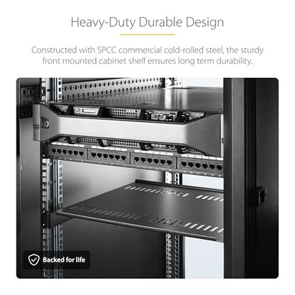 StarTech 2-Pack 1U Vented Cantilever Shelf, 16in, 44lb (CABSHELF116V2PK) | 44lb/20kg each, 16in/40cm deep, 14-gauge SPCC steel, EIA-310 fit - size: 16", style: 2-pack