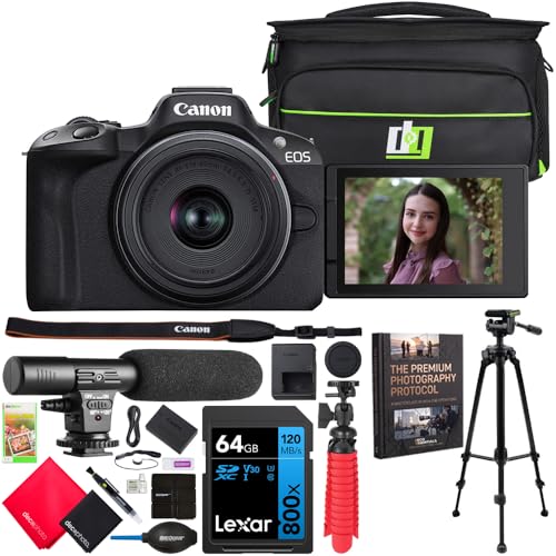 Canon EOS R50 Mirrorless Camera (Black) with RF-S 18-45mm F4.5-6.3 is STM Lens 5811C012 Bundle with Deco Gear Photography Bag + Microphone + Tripod + Photography Pro & Accessories Kit - color: Black