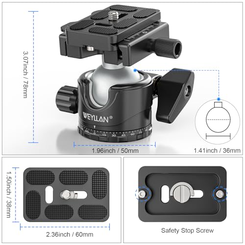WEYLLAN EH36L Lever Ball Head with Stainless Steel Lock Pin, 36mm Low Profile Heavy Duty Tripod Ball Head Mount with Arca Swiss Quick Release Plate for Tripod Monopod DSLR Camera Camcorder Telescope - size: 36mm Ball