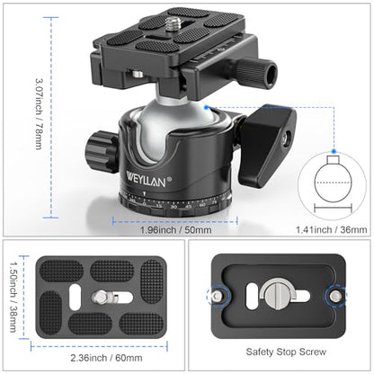 WEYLLAN EH36L Lever Ball Head with Stainless Steel Lock Pin, 36mm Low Profile Heavy Duty Tripod Ball Head Mount with Arca Swiss Quick Release Plate for Tripod Monopod DSLR Camera Camcorder Telescope - size: 36mm Ball