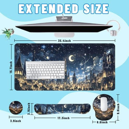 Midnight Castle Desk Mat Set Fantasy Sky Large Mouse Pad with Wrist Rest 4in1 Desk Mat for Desktop Ergonomic Computer Desk Arm Wrist Anti-Slip Computer Ergonomic Mouse Pad Home Office Gaming - color: Midnight Castle