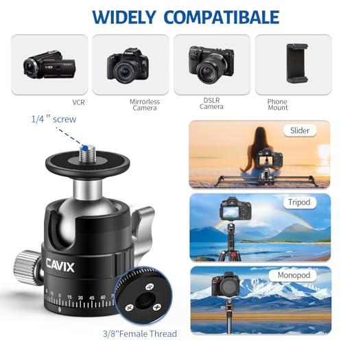 CAVIX 25mm Mini Ball Head 360° Panoramic Tripod Head Small Ball Head with 1/4" Quick Release Plate, for DSLR/Mirrorless Camera, Compatible with Tripods, Monopods and Sliders, Max Load 11lb/5kg - color: HB03A