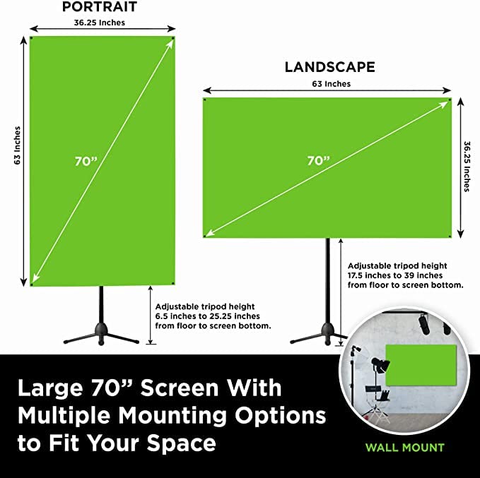 Valera 70in Green Screen Backdrop with Stand for Streaming, Ultra Portable 2 Min Setup, Portrait & Landscape, Tripod & Wall Mount, for Tiktok Zoom Video Meetings & More, +1k Free Backgrounds Included - size: 70 Inch