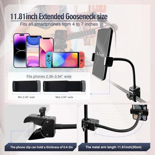 Clip Phone Holder for Desk,Pole,Pipe,Boom,Flat Surface with Adjustable Aluminium Arm Phone Clamp Mount for Mic Stand,Treadmill Compatible with All 4-7” Cell Phone (Long-Gooseneck Arm Phone Holder) - style: 11.81" Gooseneck Arm Phone Holder