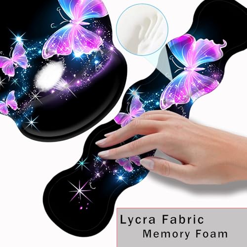 Mouse Pad,Large Pink Desk Mat, 4in1 XXL Mousepad + Keyboard Wrist Rest+Mouse Wrist Rest+Coaster Set with Ergonomic Desk Pad for Home Office Table Computer-Glowing Night Pink Butterflies - color: Glowing Night Pink Butterflies, size: 4 Pcs-XXL