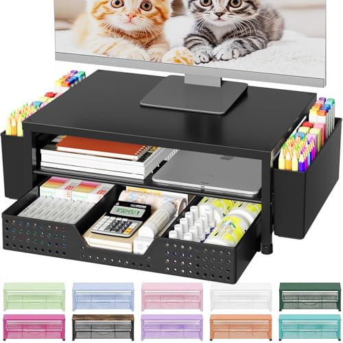 OPNICE Desk Organizers and Accessories, Computer Monitor Stand Riser with Drawer and 2 Pen Holders, Printer & Laptop Stand, Office Desk Accessories & Workspace Organizers for Home Office Supplies, Black - color: Black – Hot Seller 1-Pack, size: With Drawe