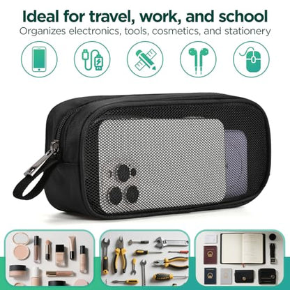 Breathable Mesh Nylon Travel Organizer - Portable Cable pouch & Tool Case for Laptop Charger, Mouse, Power Bank, USB Cords, Adapters, Small Tools. Compact & Lightweight. Black