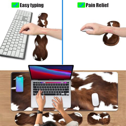 4 in 1 Ergonomic Keyboard Wrist Rest & Mouse Pad Wrist Rest Set, Large XXL Gaming Desk Mat 31.5"x 11.8" with Non-Slip Base, Memory Foam for Home Office Study Gaming, Brown Black Cow Print - color: Brown Black Cow Print
