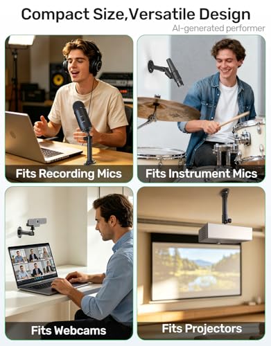 Microphone Wall Mount Bracket with Ball Head, 360° Swivel Mic Mount with 5/8"-27, 1/4" & 3/8" Screw Adapters, Flange & Ceiling Mount for Mics, Webcams and Lights, Ideal for Studio, Podcasting, Church