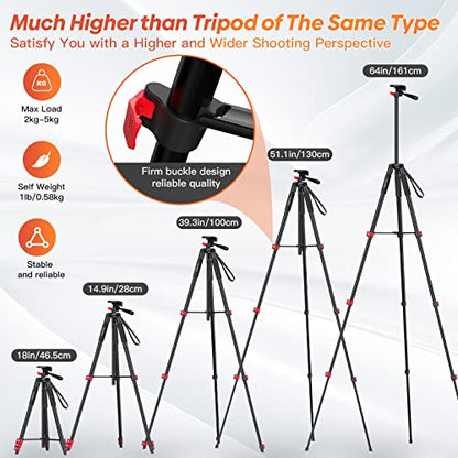 65" Phone Tripod Stand for iPhone Camera Wireless Remote & Holder | 574g Ultra-Lightweight 65" Height. Max Load 4.4lb. 360° Pan Head for Vlogging. Includes Bluetooth Remote & Tripod Carry Bag
